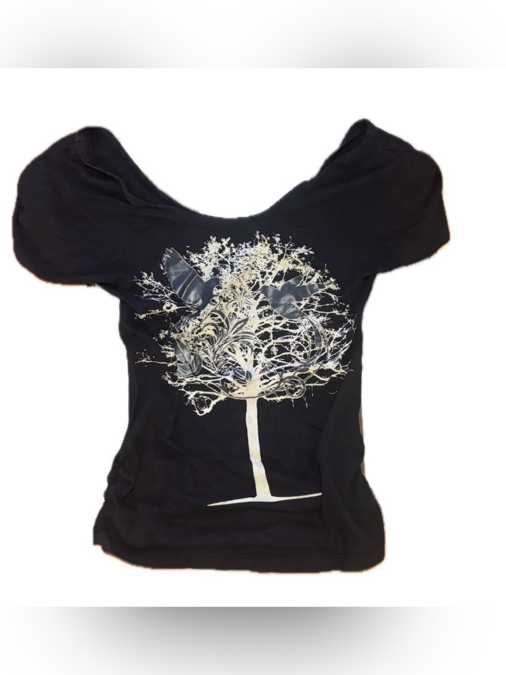 Miley Cyrus & Max Azria Size: XS Black Tee with Cream Tree and Bird Graphic